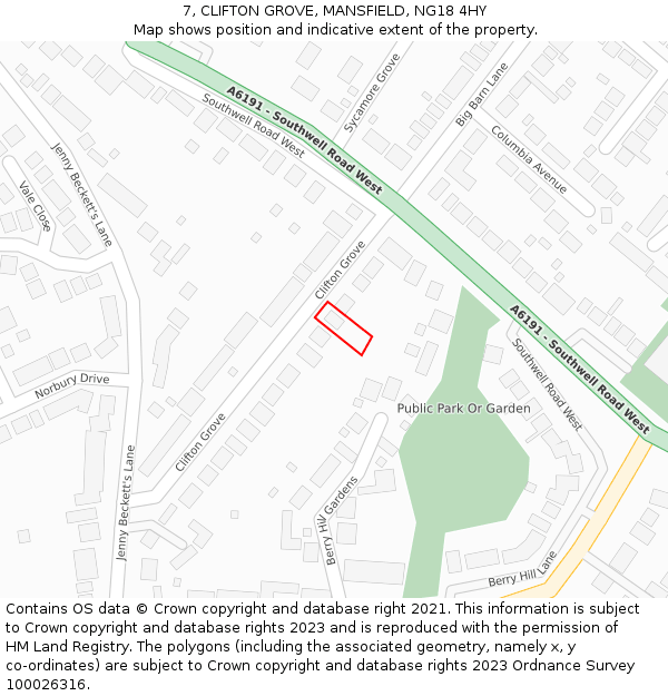 7, CLIFTON GROVE, MANSFIELD, NG18 4HY: Location map and indicative extent of plot