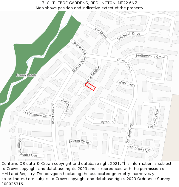 7, CLITHEROE GARDENS, BEDLINGTON, NE22 6NZ: Location map and indicative extent of plot