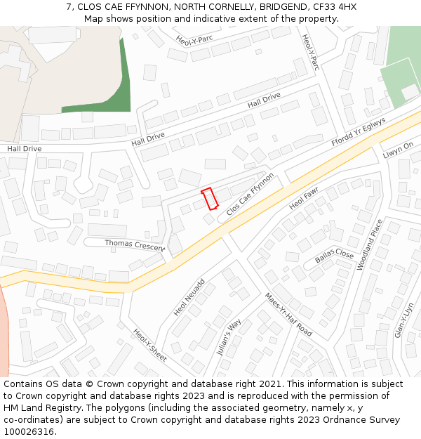 7, CLOS CAE FFYNNON, NORTH CORNELLY, BRIDGEND, CF33 4HX: Location map and indicative extent of plot