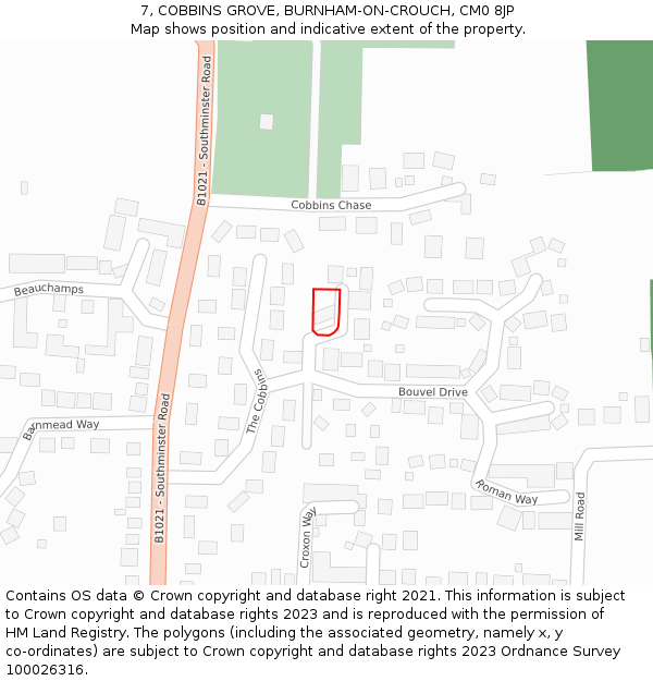 7, COBBINS GROVE, BURNHAM-ON-CROUCH, CM0 8JP: Location map and indicative extent of plot