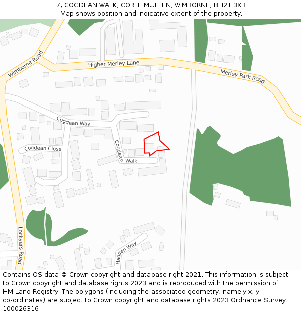 7, COGDEAN WALK, CORFE MULLEN, WIMBORNE, BH21 3XB: Location map and indicative extent of plot