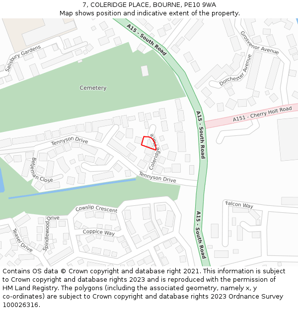 7, COLERIDGE PLACE, BOURNE, PE10 9WA: Location map and indicative extent of plot