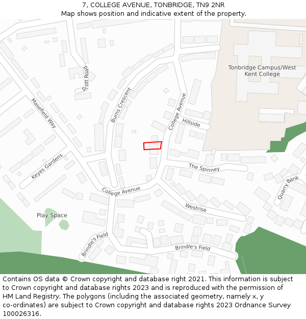 7, COLLEGE AVENUE, TONBRIDGE, TN9 2NR: Location map and indicative extent of plot