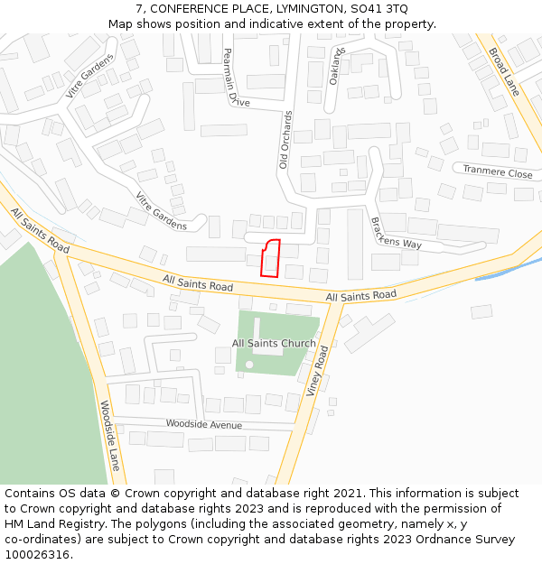 7, CONFERENCE PLACE, LYMINGTON, SO41 3TQ: Location map and indicative extent of plot