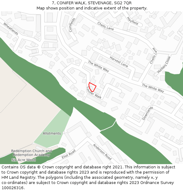 7, CONIFER WALK, STEVENAGE, SG2 7QR: Location map and indicative extent of plot