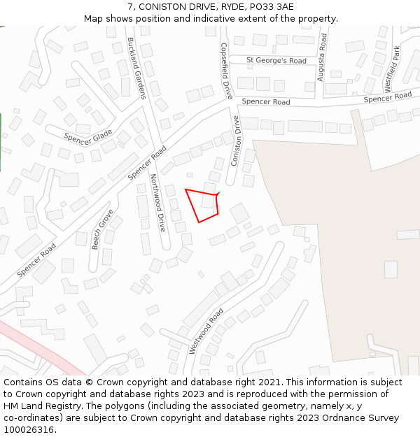 7, CONISTON DRIVE, RYDE, PO33 3AE: Location map and indicative extent of plot