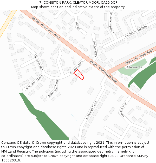 7, CONISTON PARK, CLEATOR MOOR, CA25 5QF: Location map and indicative extent of plot