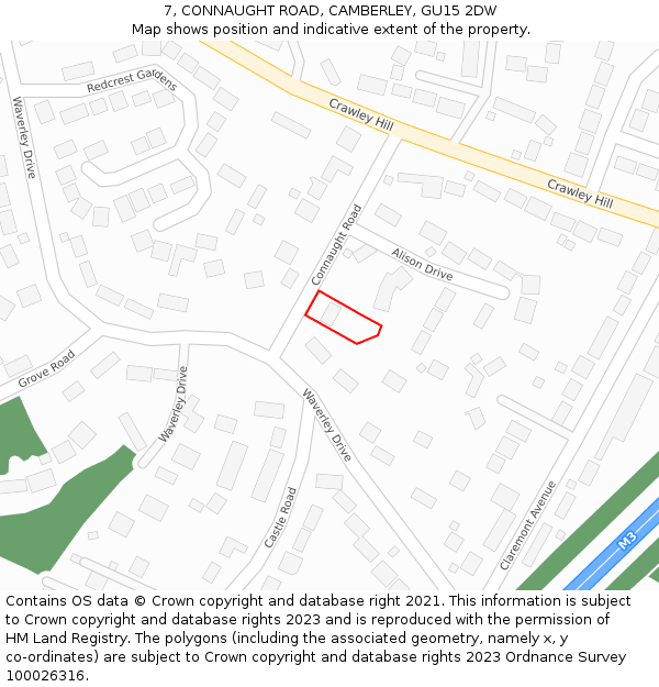 7, CONNAUGHT ROAD, CAMBERLEY, GU15 2DW: Location map and indicative extent of plot