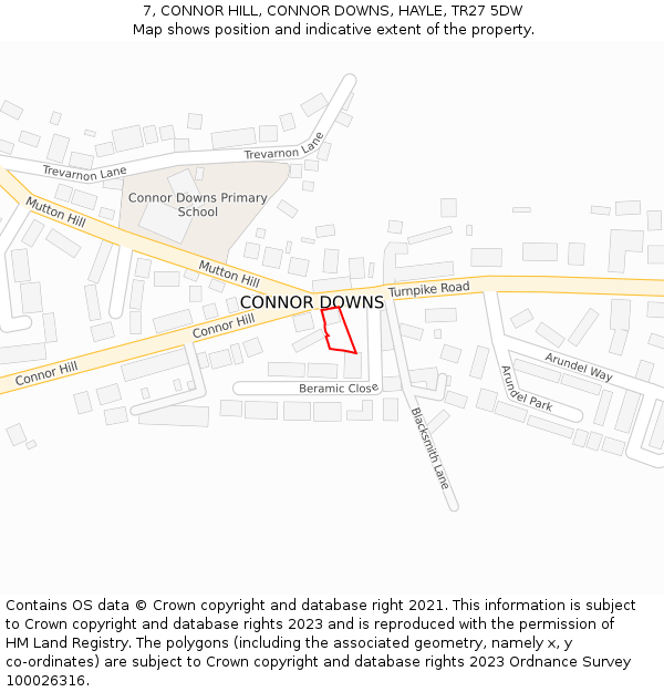 7, CONNOR HILL, CONNOR DOWNS, HAYLE, TR27 5DW: Location map and indicative extent of plot