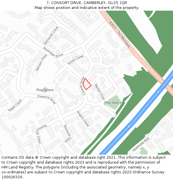 7, CONSORT DRIVE, CAMBERLEY, GU15 1QR: Location map and indicative extent of plot