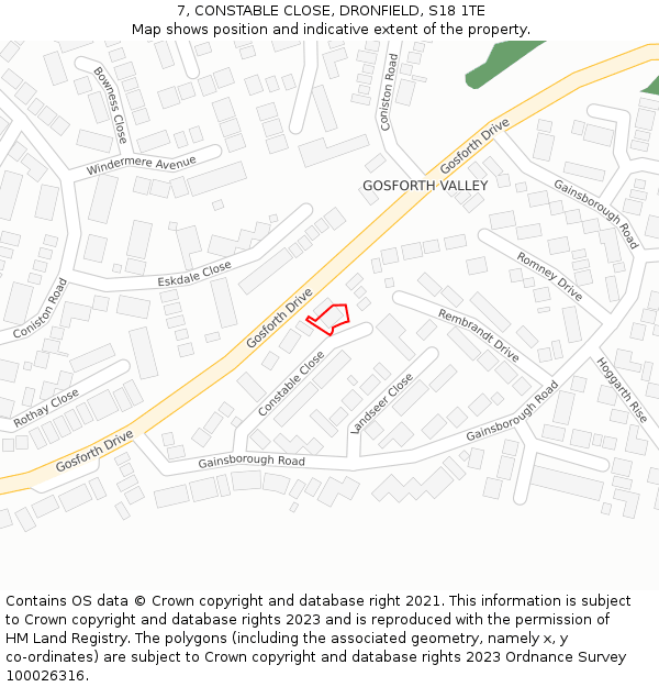 7, CONSTABLE CLOSE, DRONFIELD, S18 1TE: Location map and indicative extent of plot