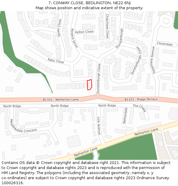 7, CONWAY CLOSE, BEDLINGTON, NE22 6NJ: Location map and indicative extent of plot