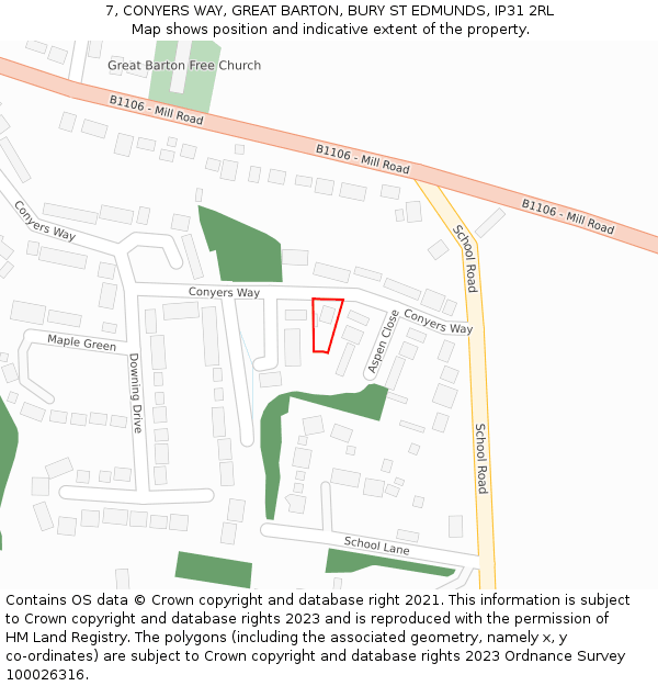 7, CONYERS WAY, GREAT BARTON, BURY ST EDMUNDS, IP31 2RL: Location map and indicative extent of plot