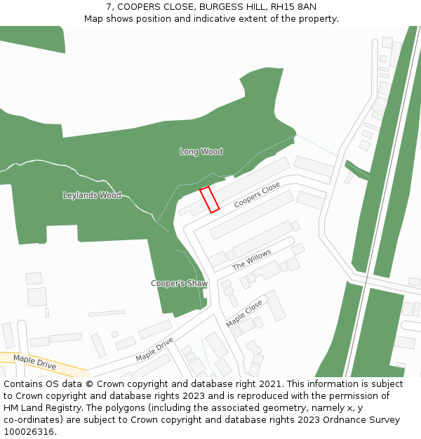 7, COOPERS CLOSE, BURGESS HILL, RH15 8AN: Location map and indicative extent of plot