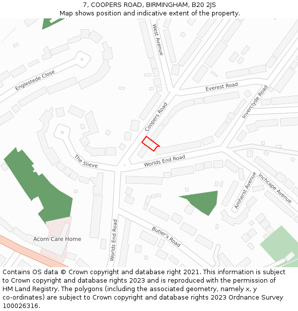 7, COOPERS ROAD, BIRMINGHAM, B20 2JS: Location map and indicative extent of plot
