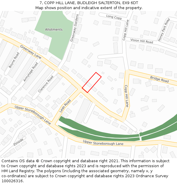 7, COPP HILL LANE, BUDLEIGH SALTERTON, EX9 6DT: Location map and indicative extent of plot