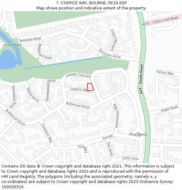 7, COPPICE WAY, BOURNE, PE10 0GF: Location map and indicative extent of plot