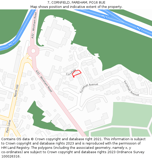7, CORNFIELD, FAREHAM, PO16 8UE: Location map and indicative extent of plot