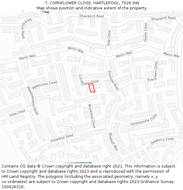 7, CORNFLOWER CLOSE, HARTLEPOOL, TS26 0WJ: Location map and indicative extent of plot