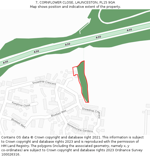 7, CORNFLOWER CLOSE, LAUNCESTON, PL15 9GA: Location map and indicative extent of plot