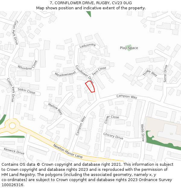 7, CORNFLOWER DRIVE, RUGBY, CV23 0UG: Location map and indicative extent of plot