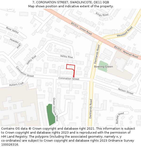 7, CORONATION STREET, SWADLINCOTE, DE11 0QB: Location map and indicative extent of plot