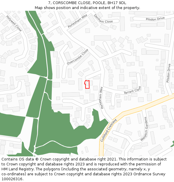 7, CORSCOMBE CLOSE, POOLE, BH17 9DL: Location map and indicative extent of plot