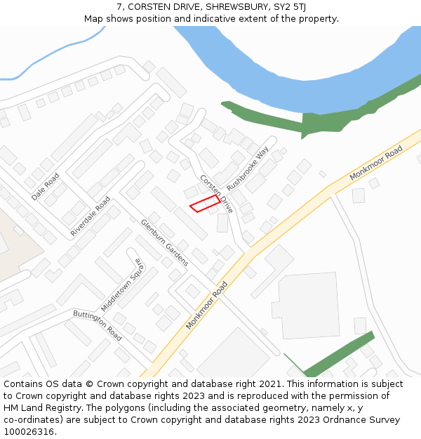 7, CORSTEN DRIVE, SHREWSBURY, SY2 5TJ: Location map and indicative extent of plot