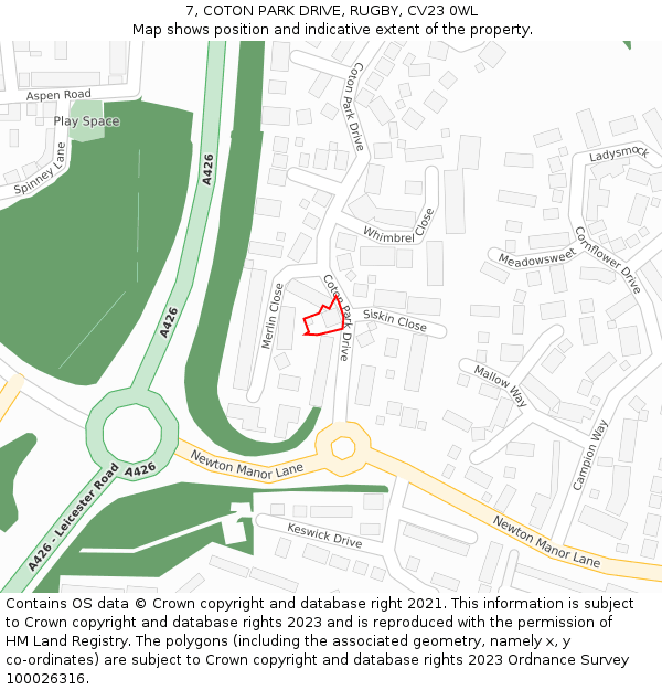 7, COTON PARK DRIVE, RUGBY, CV23 0WL: Location map and indicative extent of plot