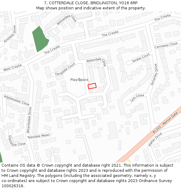 7, COTTERDALE CLOSE, BRIDLINGTON, YO16 6RP: Location map and indicative extent of plot