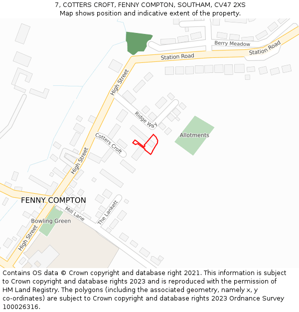 7, COTTERS CROFT, FENNY COMPTON, SOUTHAM, CV47 2XS: Location map and indicative extent of plot