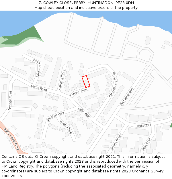 7, COWLEY CLOSE, PERRY, HUNTINGDON, PE28 0DH: Location map and indicative extent of plot