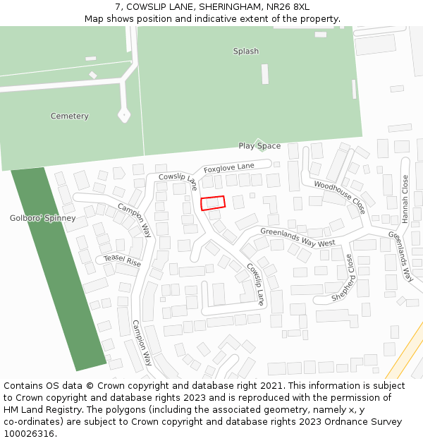 7, COWSLIP LANE, SHERINGHAM, NR26 8XL: Location map and indicative extent of plot