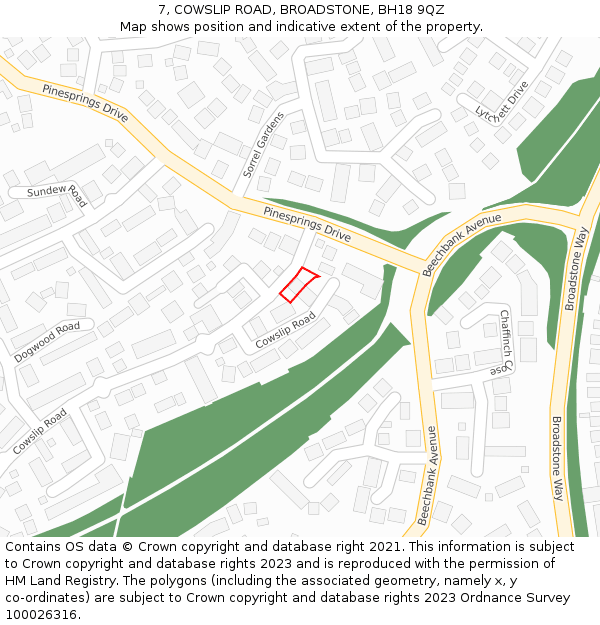 7, COWSLIP ROAD, BROADSTONE, BH18 9QZ: Location map and indicative extent of plot