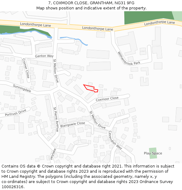 7, COXMOOR CLOSE, GRANTHAM, NG31 9FG: Location map and indicative extent of plot