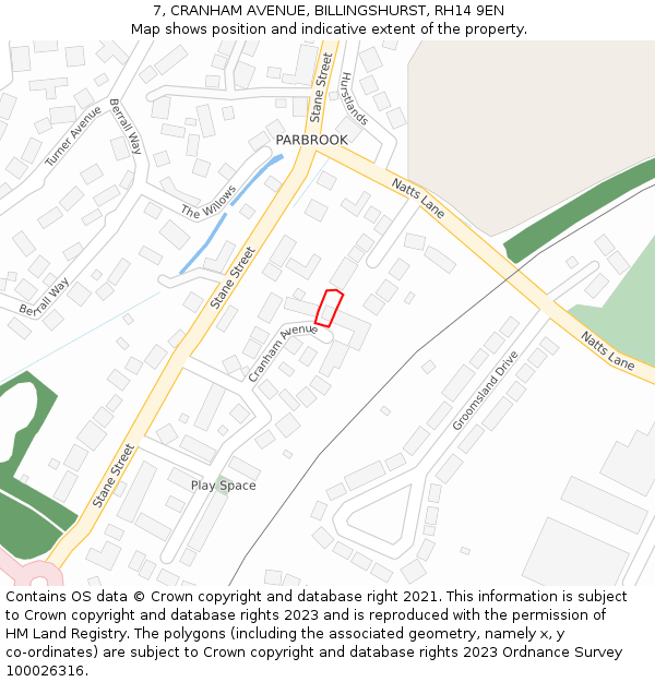 7, CRANHAM AVENUE, BILLINGSHURST, RH14 9EN: Location map and indicative extent of plot