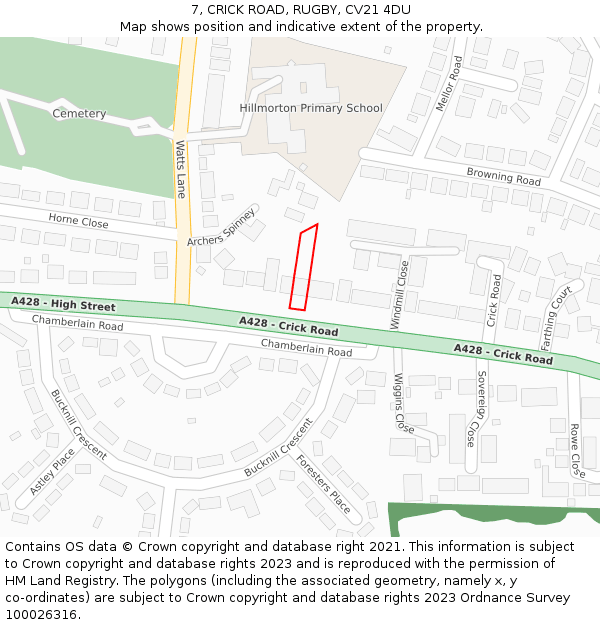 7, CRICK ROAD, RUGBY, CV21 4DU: Location map and indicative extent of plot