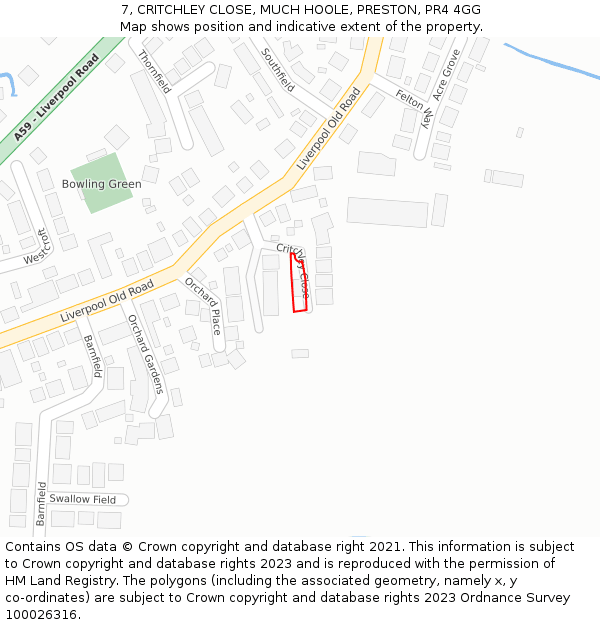 7, CRITCHLEY CLOSE, MUCH HOOLE, PRESTON, PR4 4GG: Location map and indicative extent of plot