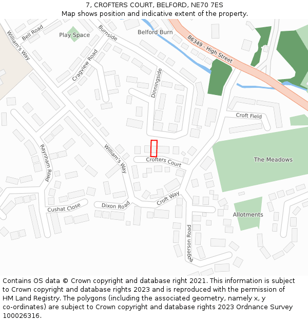 7, CROFTERS COURT, BELFORD, NE70 7ES: Location map and indicative extent of plot