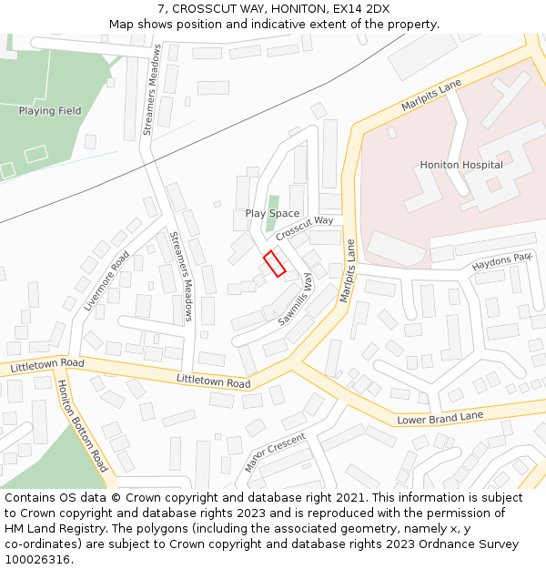 7, CROSSCUT WAY, HONITON, EX14 2DX: Location map and indicative extent of plot