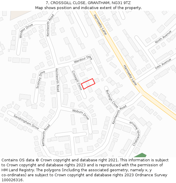 7, CROSSGILL CLOSE, GRANTHAM, NG31 9TZ: Location map and indicative extent of plot