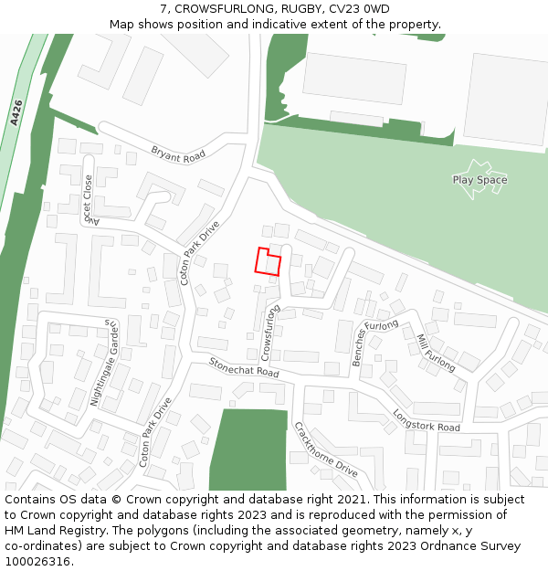 7, CROWSFURLONG, RUGBY, CV23 0WD: Location map and indicative extent of plot