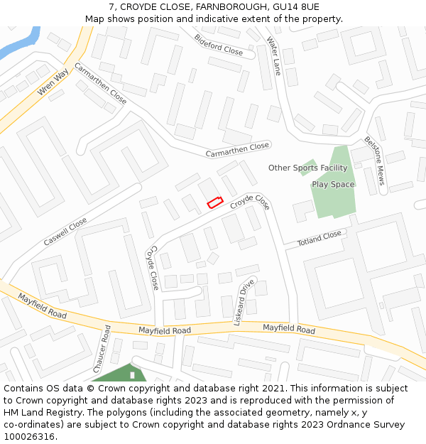 7, CROYDE CLOSE, FARNBOROUGH, GU14 8UE: Location map and indicative extent of plot