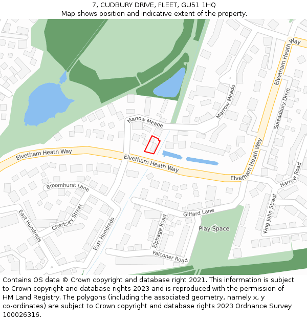 7, CUDBURY DRIVE, FLEET, GU51 1HQ: Location map and indicative extent of plot