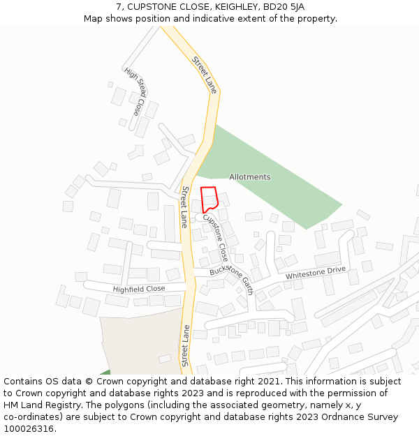 7, CUPSTONE CLOSE, KEIGHLEY, BD20 5JA: Location map and indicative extent of plot