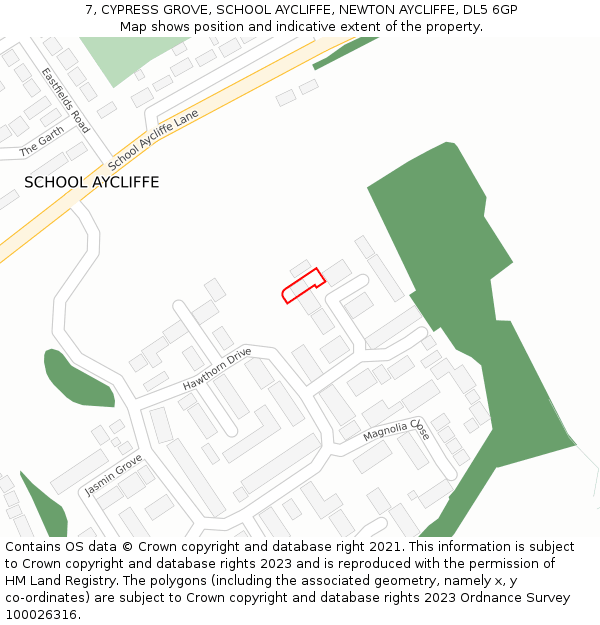 7, CYPRESS GROVE, SCHOOL AYCLIFFE, NEWTON AYCLIFFE, DL5 6GP: Location map and indicative extent of plot