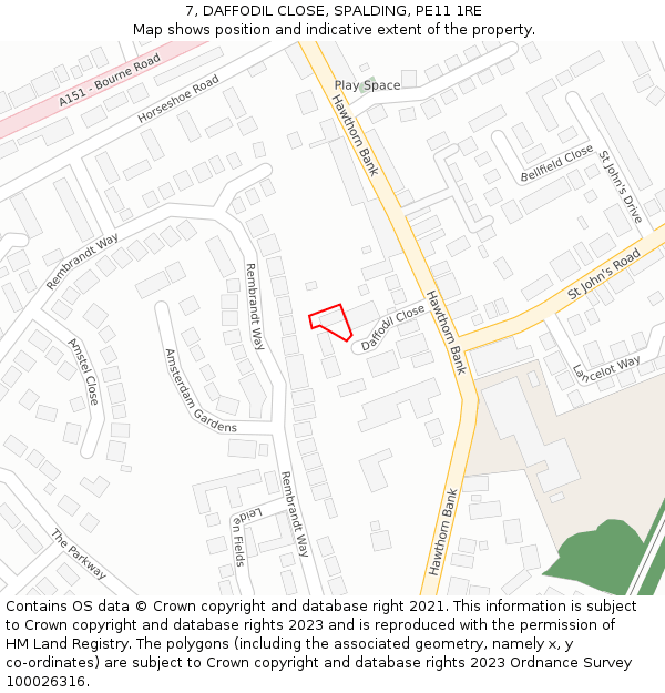 7, DAFFODIL CLOSE, SPALDING, PE11 1RE: Location map and indicative extent of plot