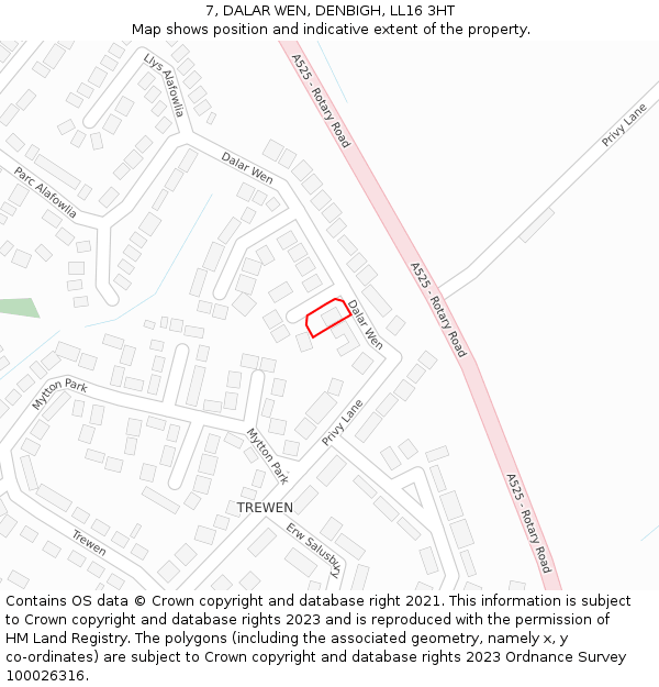 7, DALAR WEN, DENBIGH, LL16 3HT: Location map and indicative extent of plot