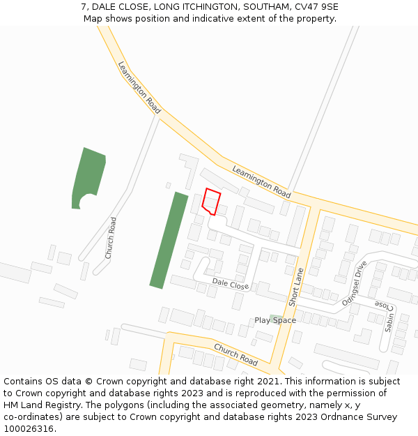 7, DALE CLOSE, LONG ITCHINGTON, SOUTHAM, CV47 9SE: Location map and indicative extent of plot