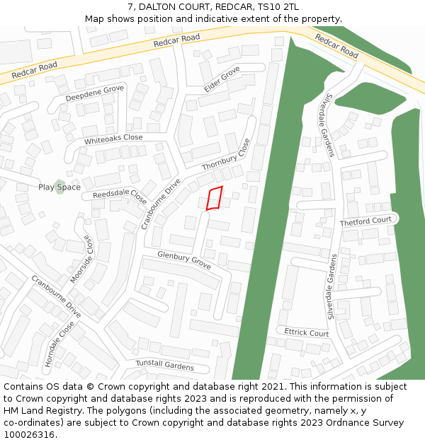 7, DALTON COURT, REDCAR, TS10 2TL: Location map and indicative extent of plot